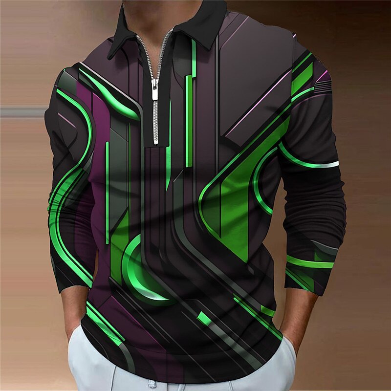Men's Graphic Zip Polo Shirts Golf Shirt Long Sleeve Polo Shirts Collared Shirts Casual Vacation Wear Rave Wear Party Outfits 3D Print Quarter Zip Polo Fall & Winter Red Green2