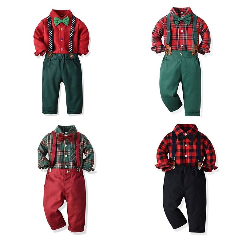 2 Pieces Ring Bearer Suit Boys Kids Christmas Sets Shirt & Pants Clothing Set School Anniversary Fashion Daily Plaid Buttons Pocket Yellow Wine Army Green Cotton4