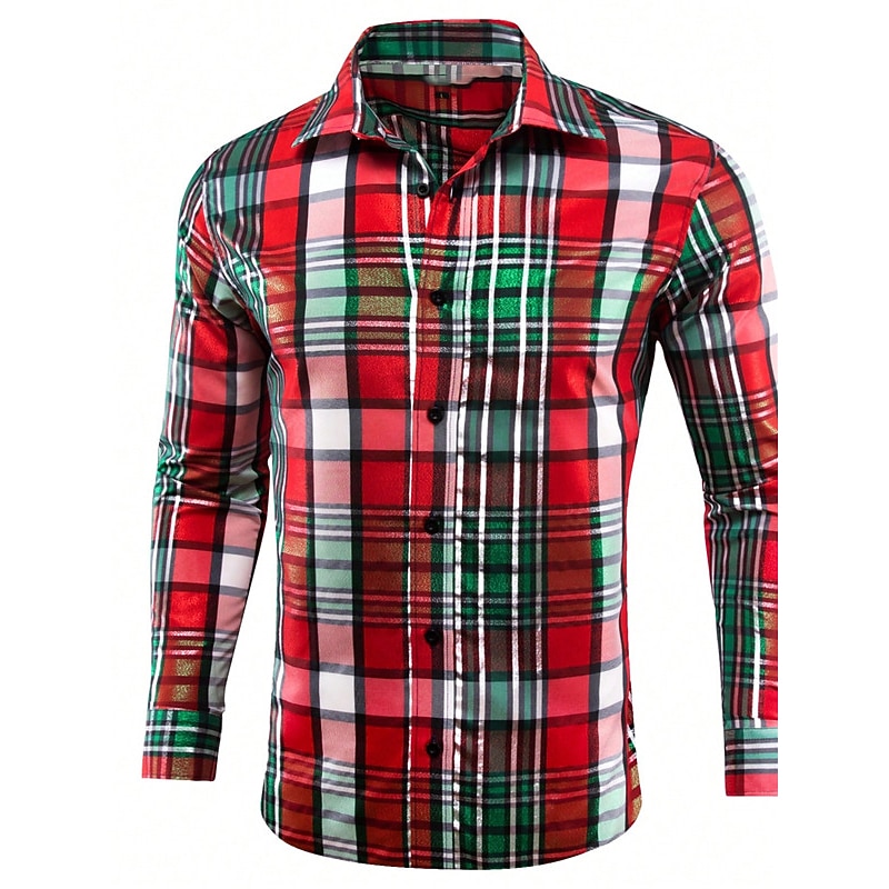 Christmas Men's Christmas Scene Printed Shirts Shirts Plaid Casual Outdoor Street Fall & Winter Turndown Long Sleeve Burgundy S M L4