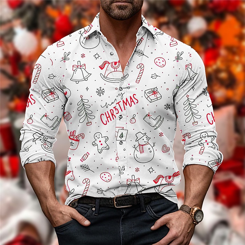 Christmas Men's Christmas Scene Printed Shirts Shirts Letter Snowman Snowflake Casual Outdoor Street Fall & Winter Turndown Long Sleeve Red Green S M L