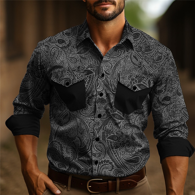 Men's Shirt Western Shirt Cowboy Shirt Long Sleeve Vintage Outdoor Street Casual Daily Fall & Winter Turndown Buttons Print Blue Brown Gray3