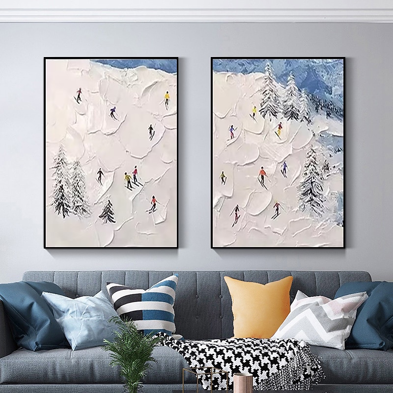 Ski Sport Painting on Canvas Winter Painting Handpainted Texture Wall Art Skier on Snowy Mountain Art White Snow Landscape Painting For Home Room Decor Stretched Frame Ready to Hang4