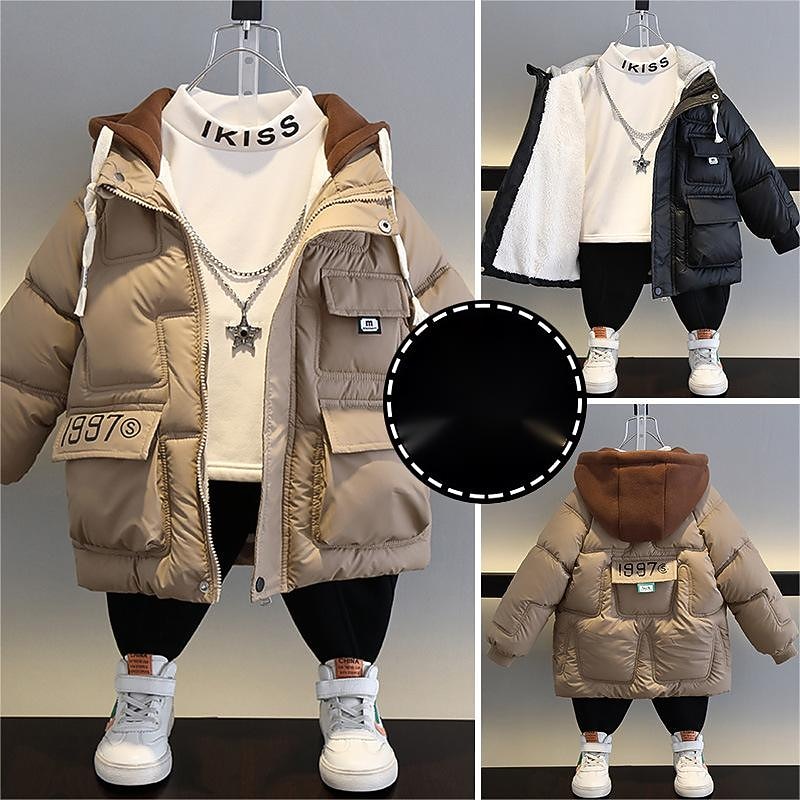 Kids Boys Fleece Jacket Hoodie Jacket Outerwear Kids Puffer Jacket Letter Long Sleeve Zipper Coat Outdoor Cotton Adorable Daily Black khaki Spring Fall 7-13 Years