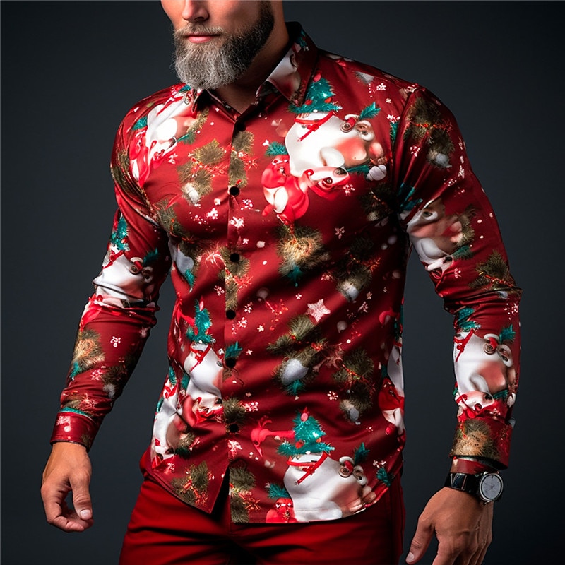 Christmas Men's Funny Christmas Printed Shirts Santa Claus Tree Bell Casual Daily Wear Going out Fall & Winter Turndown Long Sleeve Dark Red, White, Red S, M, L 4-Way Stretch Fabric Shirt