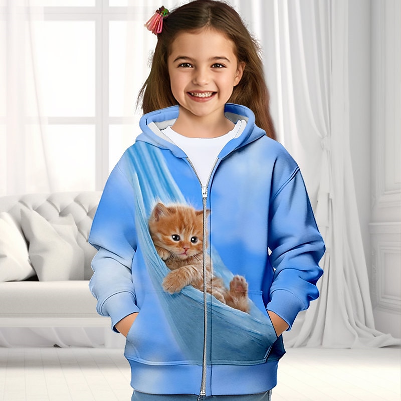 Girls' 3D Cat Hoodie Coat Outerwear Long Sleeve 3D Print Fall Winter Active Fashion Cute Polyester Kids 3-12 Years Outdoor Casual Daily Regular Fit