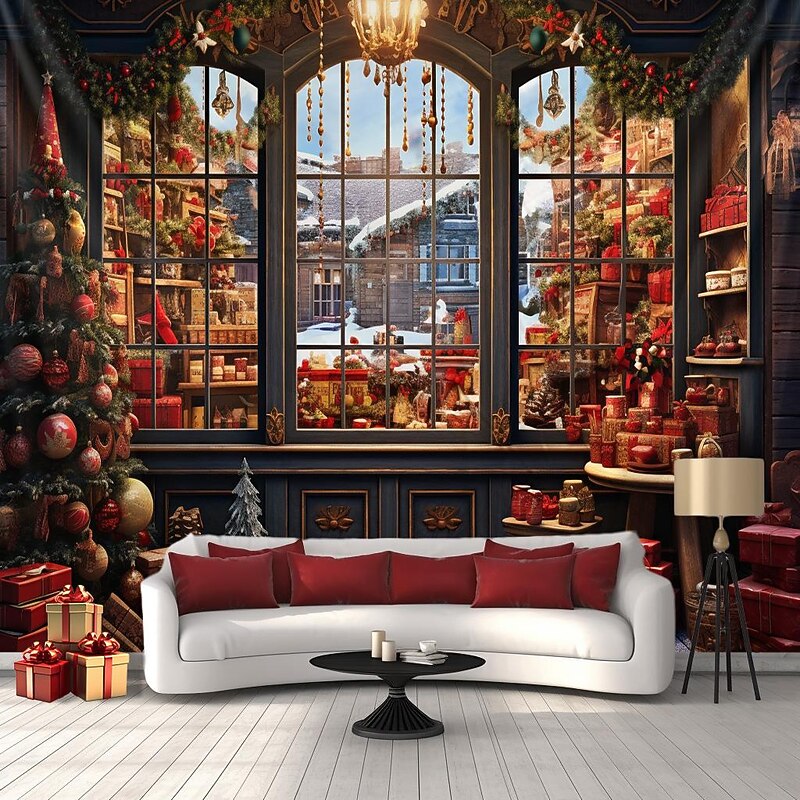 Christmas Decorations Window Town View Hanging Tapestry Wall Art Xmas Large Tapestry Mural Decor Photograph Backdrop Blanket Curtain Home Bedroom Living Room Decoration