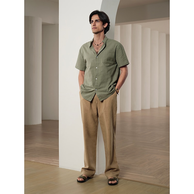 10% Linen Front Pocket Men's Linen Shirt Casual Shirt Black White Yellow Short Sleeve Plain Henley Spring & Summer Vacation Hawaiian Clothing Apparel4