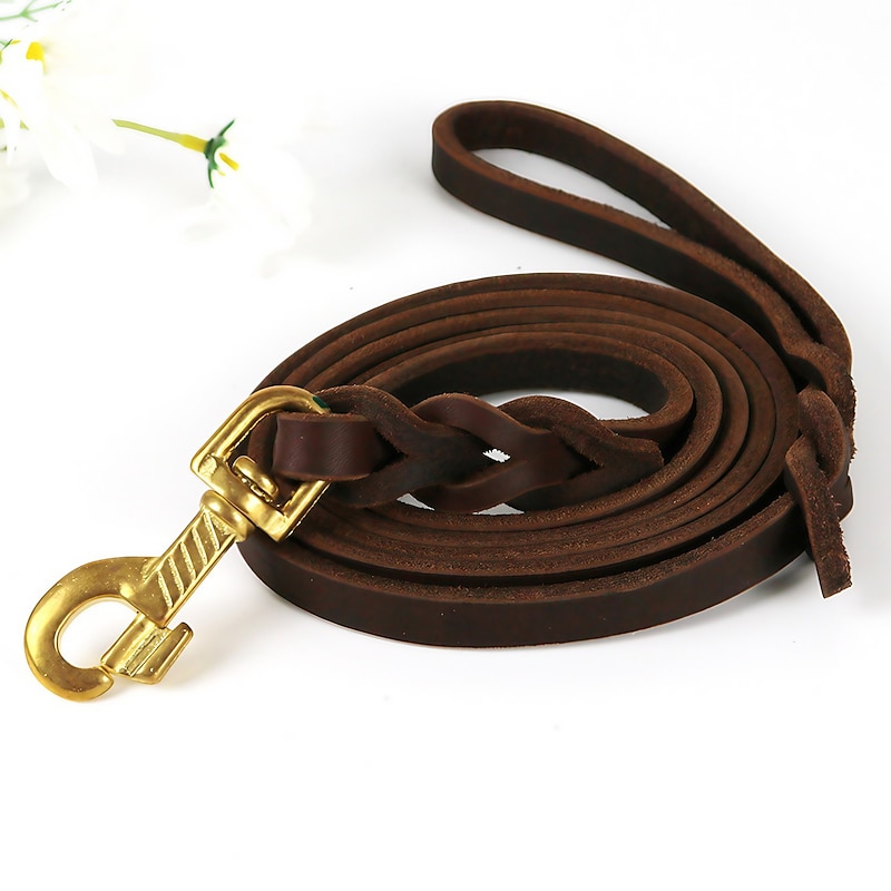 Copper Hook Pet Cowhide Traction Rope For Dogs Medium To Large Size Leather Dog Chain Gold Fur Soft Cowhide Dog Traction Rope