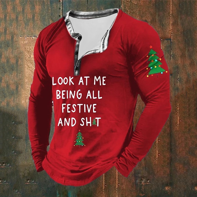 Christmas Men's Funny Christmas Henley T Shirt Graphic Letter Tree Fashion Daily Casual 3D Print Henley Casual Holiday Going out Black Red & White Green Long Sleeve Henley Spring &  Fall Clothing