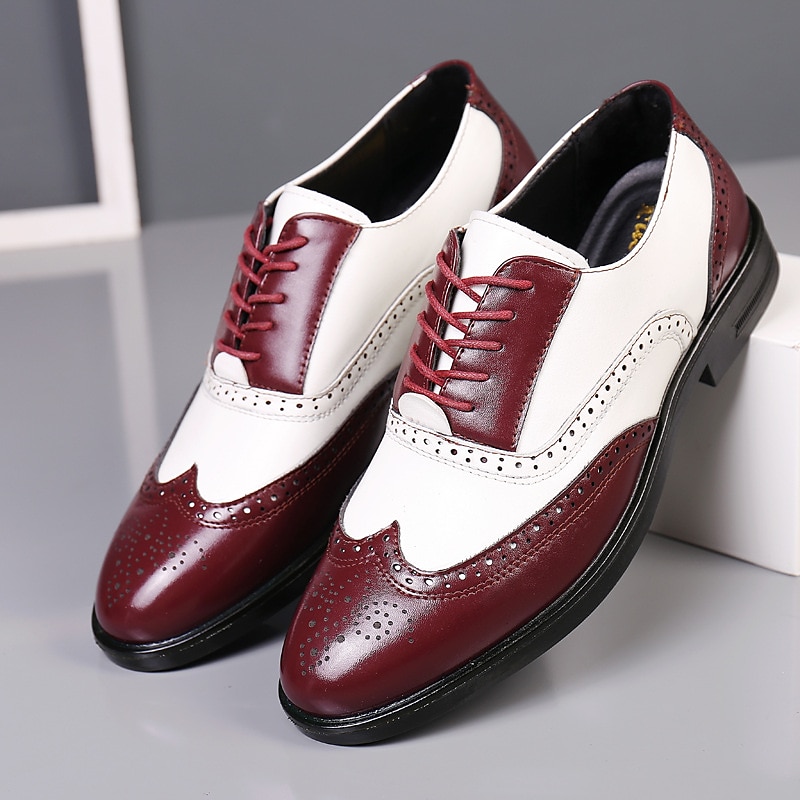 Men's White and Burgundy Wingtip Oxford Brogue Shoes, Gatsby-Inspired Glossy Leather Spectator Dress Shoes for 1920s Jazz Party, Vintage Wedding, and Themed Formal Events
