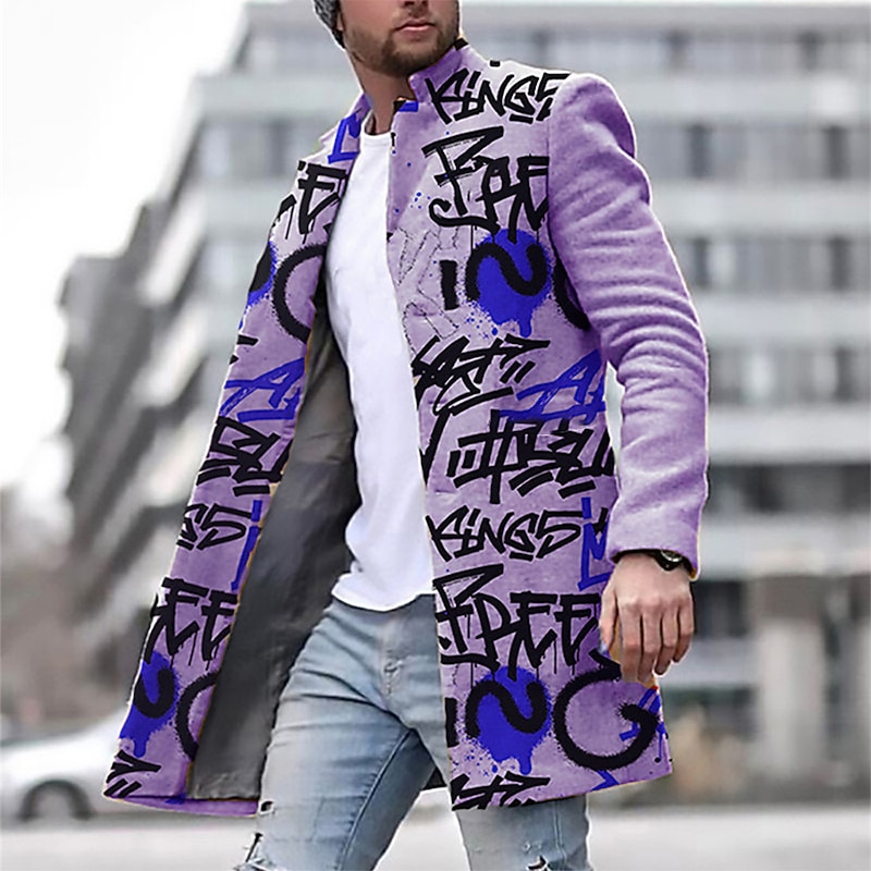 Men's Winter Coat Overcoat Coat Daily Wear Vacation With Pockets Print Front Pocket Fall & Winter Letter Streetwear Sport Turndown Regular Yellow Blue Purple Green khaki Jacket4
