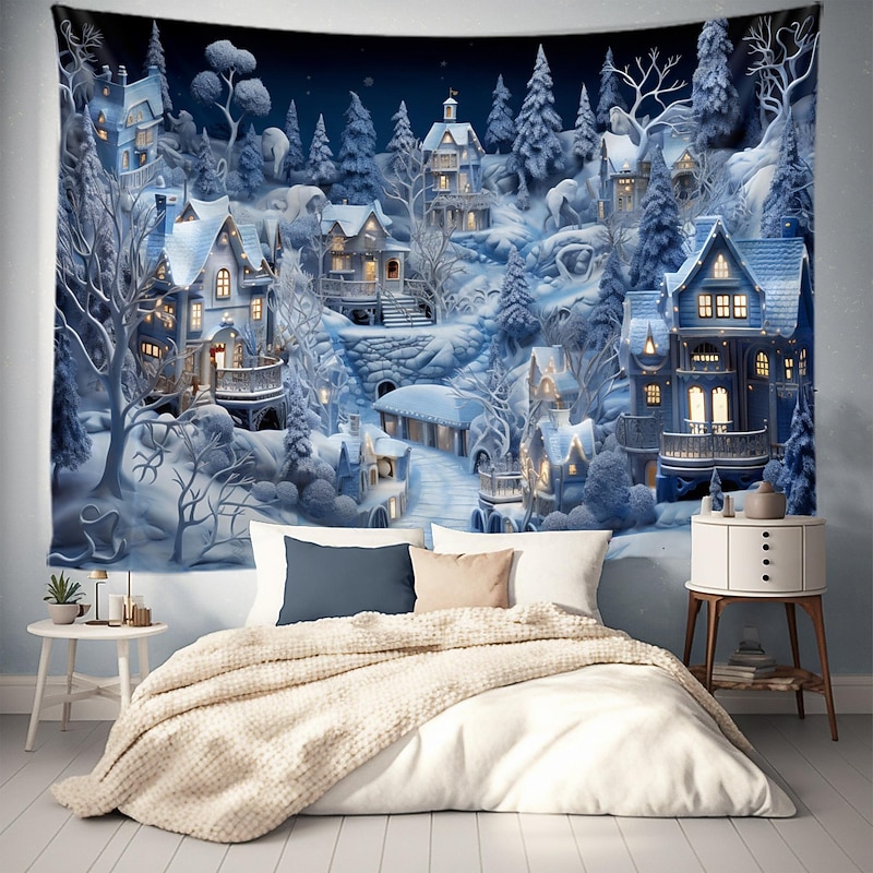 White Winter Snowy Town Hanging Tapestry Wall Art Large Tapestry Mural Decor Photograph Backdrop Blanket Curtain Home Bedroom Living Room Decoration3