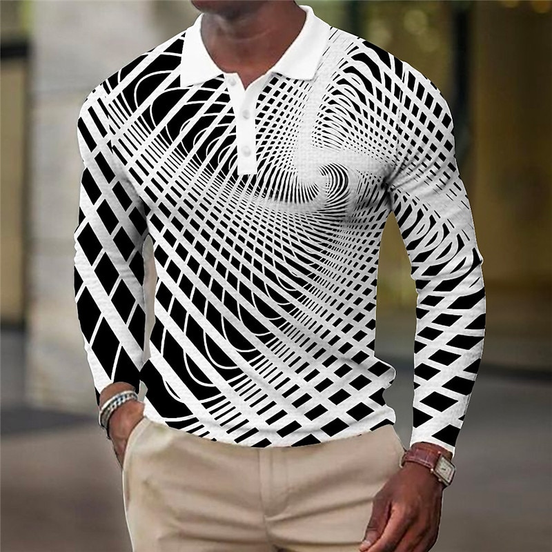Men's Geometric Waffle Polo Shirts Golf Shirt Long Sleeve Polo Shirts Collared Shirts Business Casual Vacation Wear Formal Wear Festival Wear Buttons 3D Print Fall & Winter White Yellow Blue2
