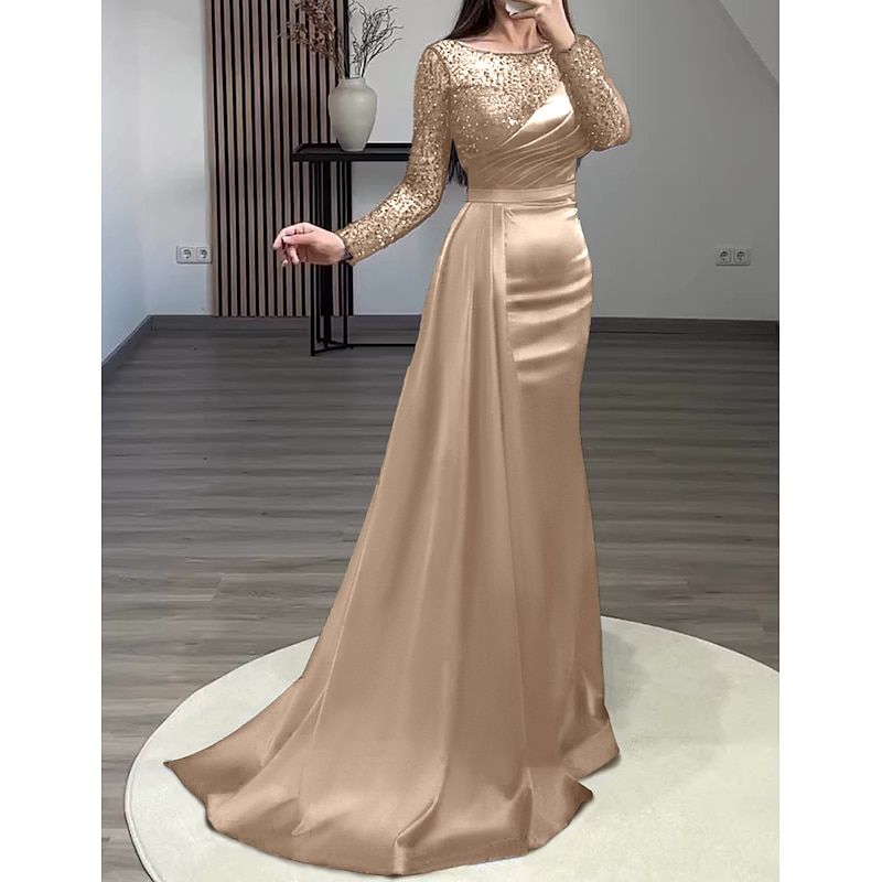 Mermaid Sequin Evening Gown Elegant Dress Formal Wedding Guest Court Train Long Sleeve Jewel Neck Charmeuse with Ruched Pearls Masquerade Dress2