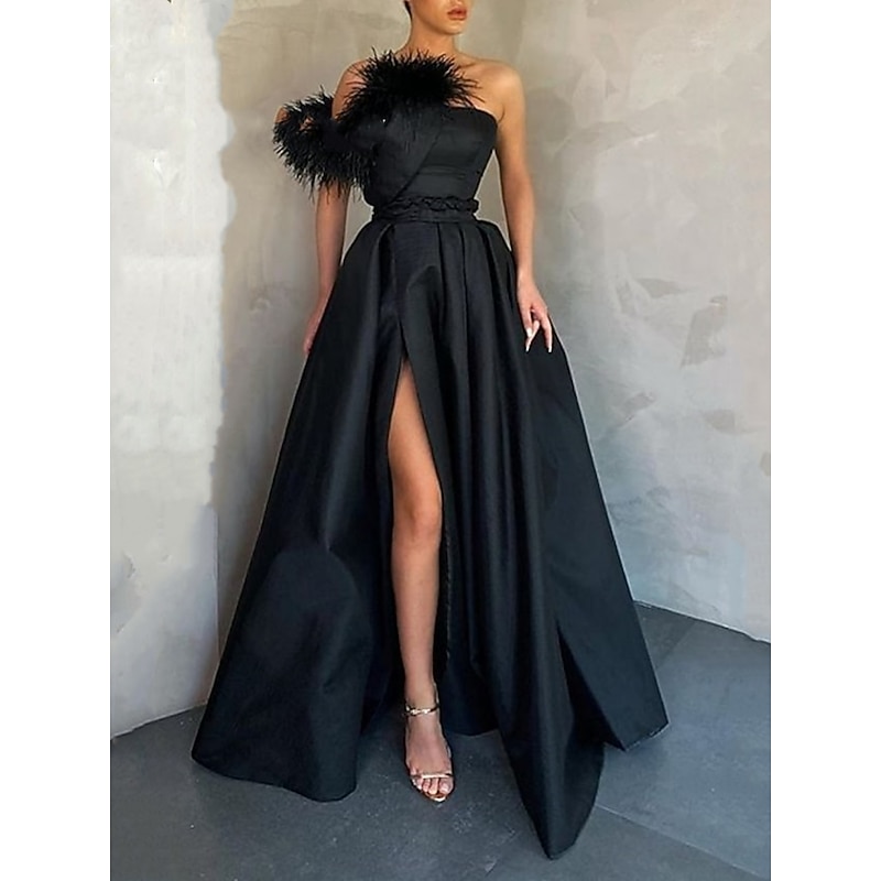 A-Line Black Evening Gown High Split Dress Formal Floor Length Sleeveless One Shoulder Satin with Feather Slit
