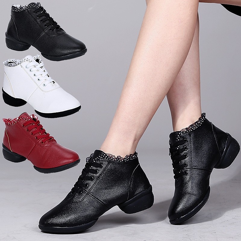 Women's Latin Shoes Dance Shoes Practice Square Dance Plus Size Fashion Lace Flat Heel Round Toe Lace-up Black White Red