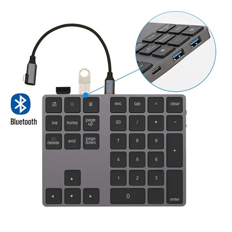 Aluminum Alloy Bluetooth Wireless Numeric Keypad with USB HUB Digital Input Function for WindowsMac OSAndroid laptop PC3