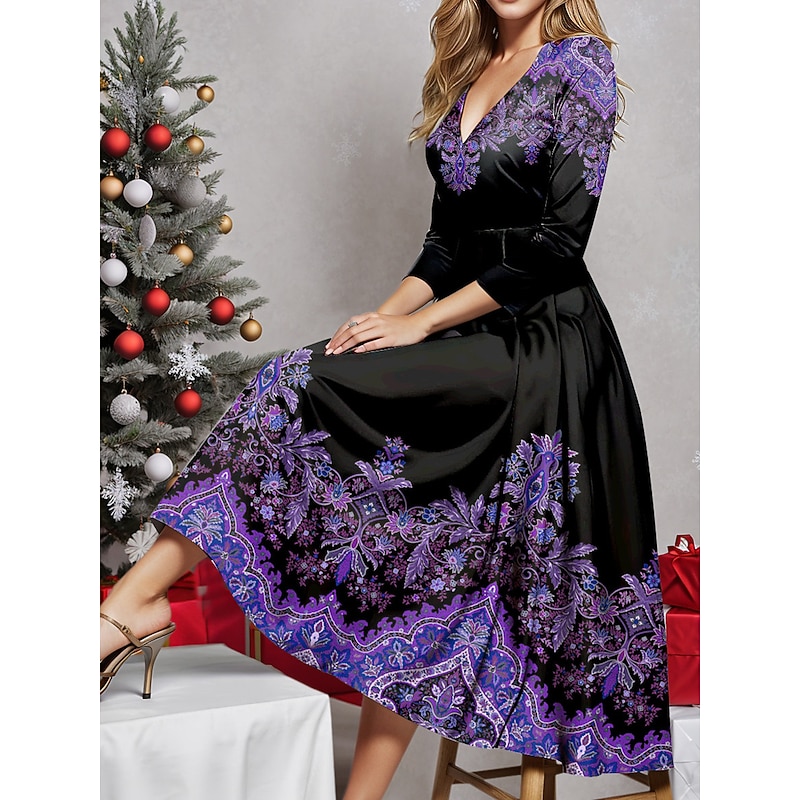 Women's Midi Dress Winter Dress Swing Dress Semi Formal Dress A Line Dress Fashion Streetwear Modern Formal Outdoor Vacation Regular Fit Floral Tribal 3/4 Length Sleeve V Neck Blue Purple Fuchsia Gold 5
