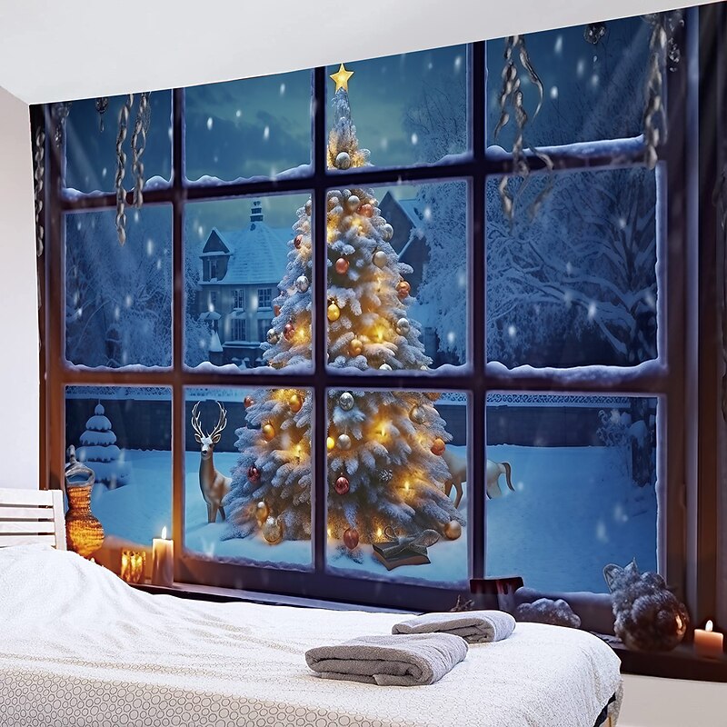 Christmas Decorations Hanging Tapestry Christmas Tree Winter Snow Wall Art Xmas Large Tapestry Mural Decor Photograph Backdrop Blanket Curtain Home Bedroom Living Room Decoration Window View3
