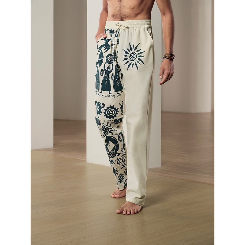 Men's Ethnic Linen Pants Trousers Summer Pants Mid Waist Vintage Ethnic Style Casual Daily Holiday Drawstring Elastic Waist 3D Print Spring & Summer 3D Print Black Blue Khaki4