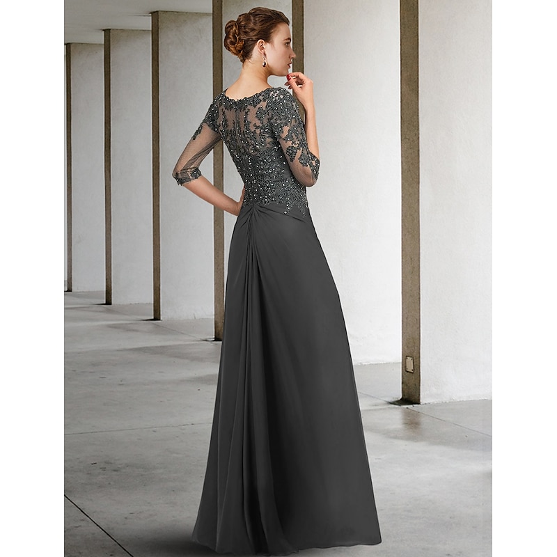 Sheath Mother of the Bride Dress Formal Wedding Guest Elegant Party Square Neck Floor Length Chiffon Lace 3/4 Length Sleeve with Sequin Appliques Ruching2