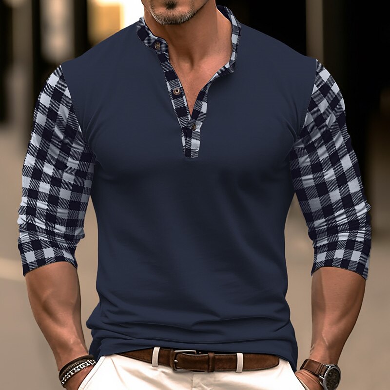 Men's Button T Shirt T Shirt Henley Shirt Tee Top Long Sleeve Henley Spring &  Fall Plaid Color Block Fashion Designer Basic Patchwork Vacation Street Going out Black White Navy Blue Top Tee for Men4