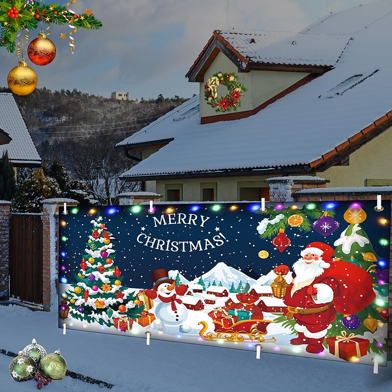 Christmas Door Decorations Outdoor Garage Door Cover Xmas Banner Snowman Santa Tree Atmosphere Large Backdrop Decoration Deer Door Cover Decoration for Holiday Outdoor Garage Door Wall Decorations4