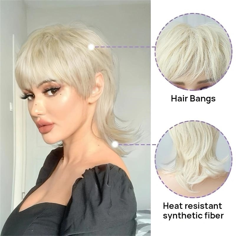 Short Blonde Wig Shaggy Layered 80s Mullet Wig Pixie Cut Wig With Bangs Curly Synthetic Natural Fake Hair Replacement Wigs For Women Daily Party Cosplay Costume Use Christmas Party Wigs2