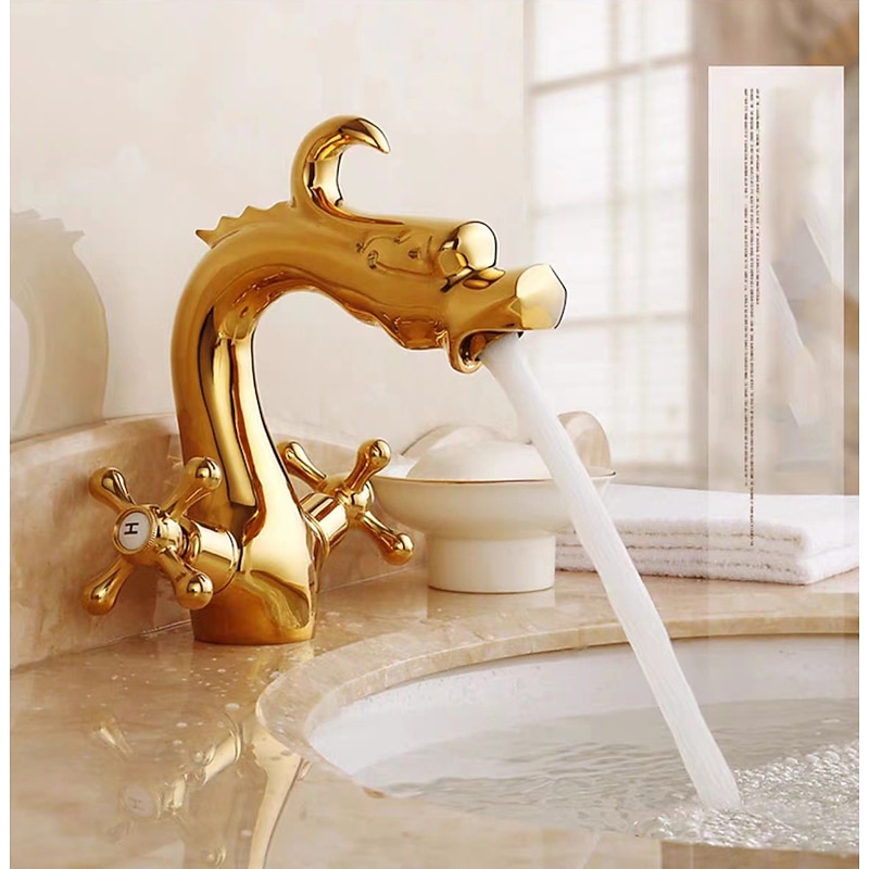Bathroom Sink Faucet for Vessel, Novelty Loong Style Dragon Shape Mount Outsides Two Handle One Hole Tall Vessel Bath Taps in Antique Brass4