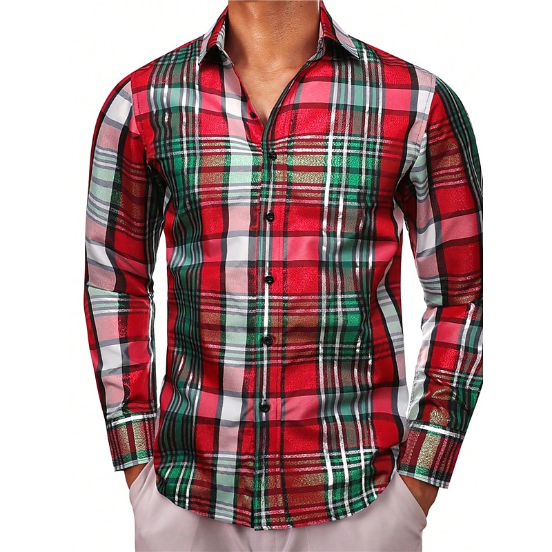 Christmas Men's Christmas Scene Printed Shirts Shirts Plaid Casual Outdoor Street Fall & Winter Turndown Long Sleeve Burgundy S M L