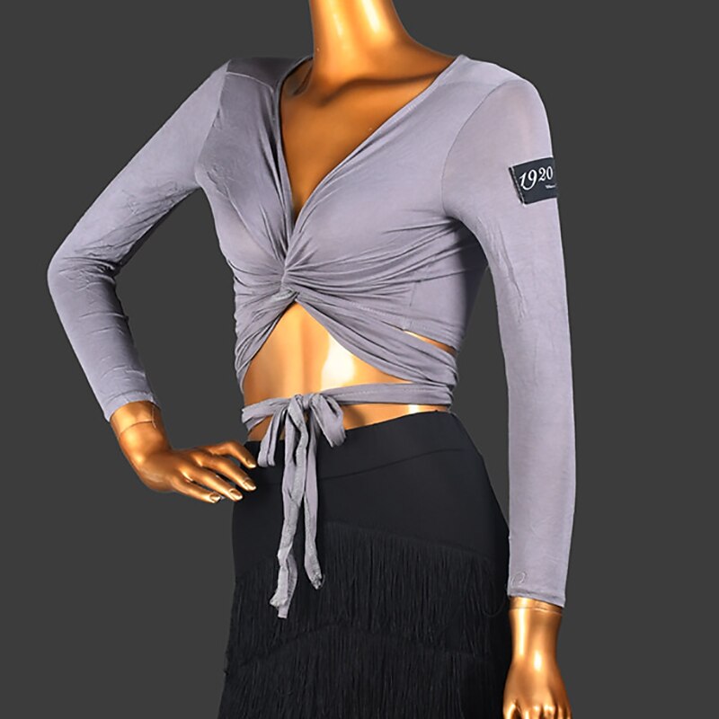 Latin Dance Ballroom Dance Top Cinch Cord Pure Color Splicing Women's Performance Training Long Sleeve Modal3