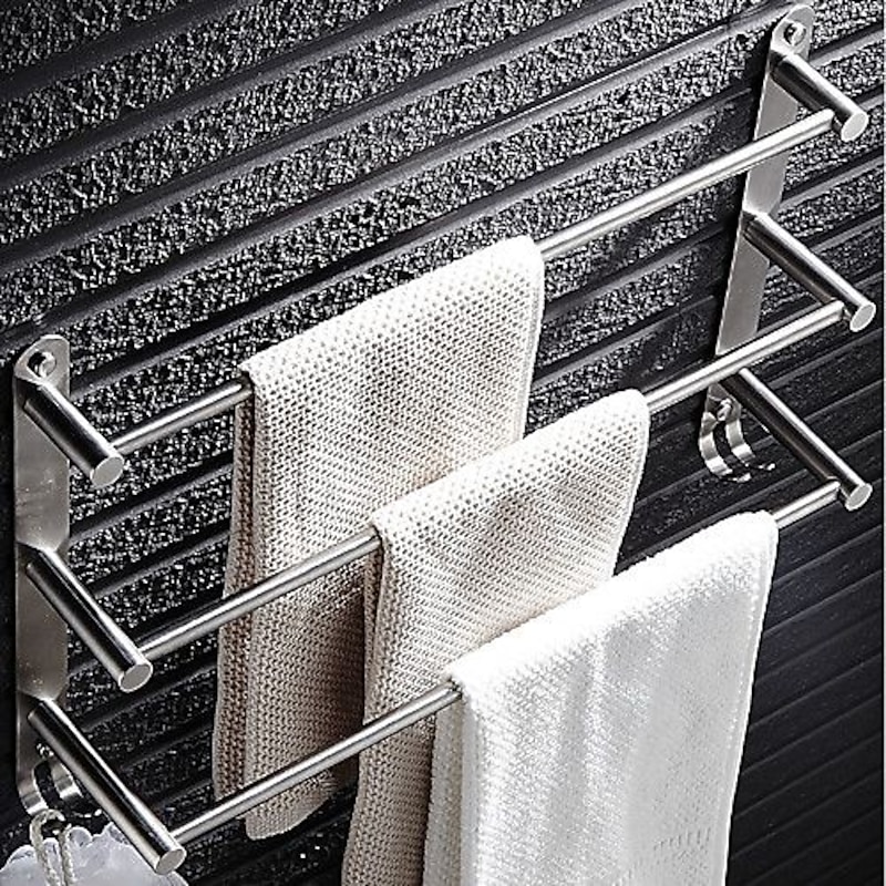 3-Tier Towel Rail with Hooks for Bathroom Wall Mounted Stainless Steel Towel Bar Brushed Nickel Towel Rack Rustproof Towel Bar 40/50/60CM(Silvery)3