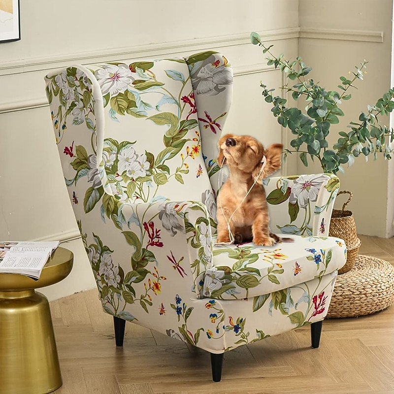 Floral Printed Stretch Wingback Chair Cover For Pet Armchair Slipcovers Spandex Fabric Wingback Armchair Covers with Elastic Bottom for Living Room Bedroom Decor - Main Image