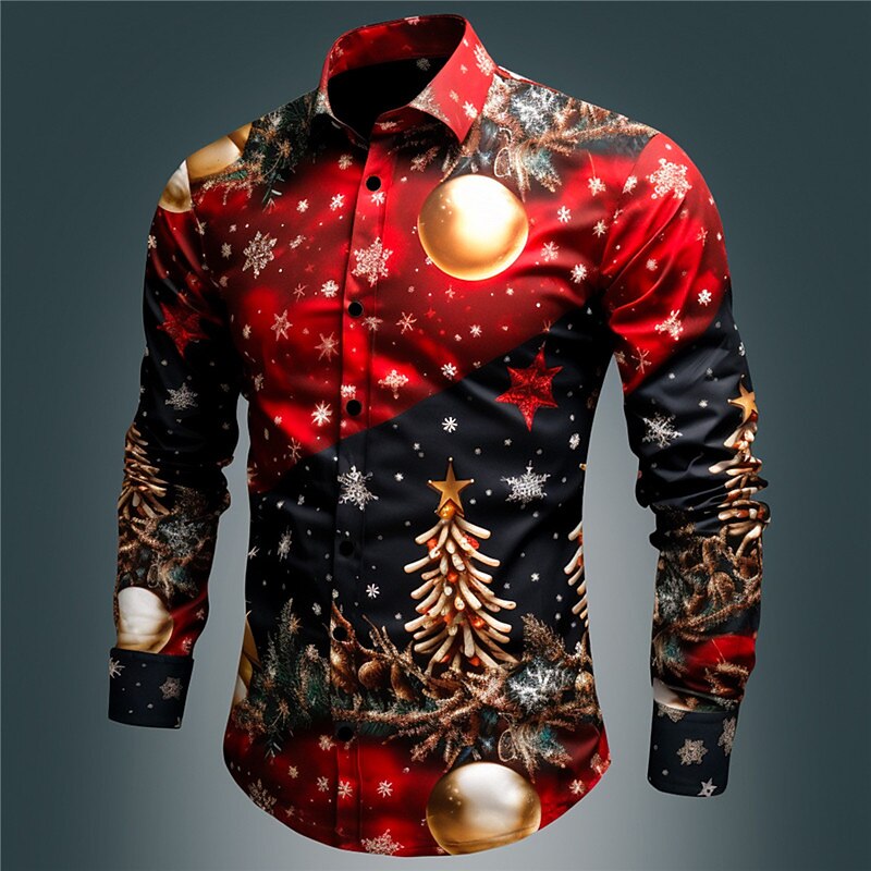 Men's Santa Claus Tree Christmas Bell Shirt Button Up Shirt Long Sleeve Casual Christmas Daily Wear Going out Fall & Winter Turndown Print Button-Down Black White Burgundy Blue Green3