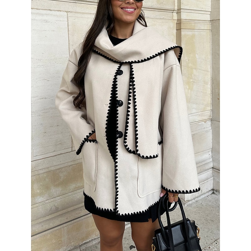 Women's Coat Warm Embroidered Pocket Elegant Classic Modern Solid Color Party Work Daily Wear Single Breasted Regular Crewneck Loose Fit Long Sleeve Outerwear Black Blue Khaki Fall Winter - Main Image