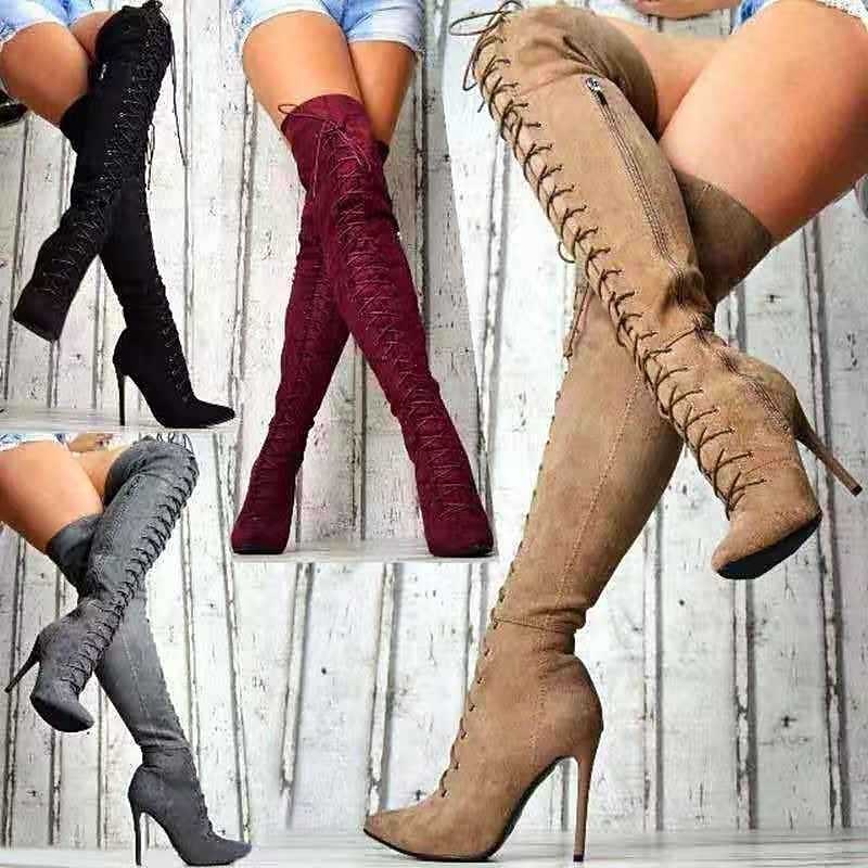 Women's Lace-Up Over-the-Knee Boots - Black & Burgundy Thigh-High Stiletto Heels for Winter Fashion and Night Out3