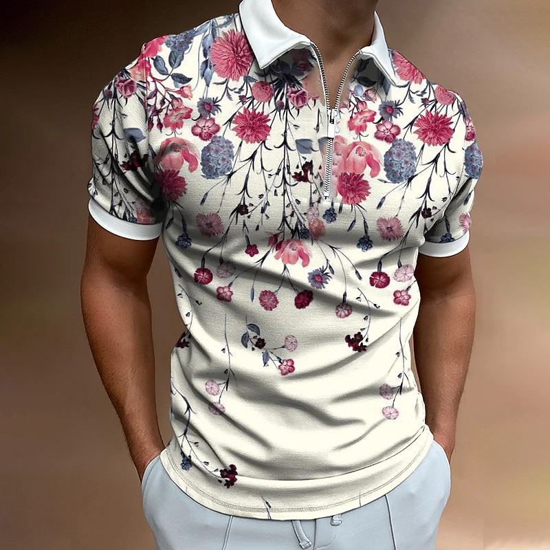 Men's Floral Hawaiian Polo Shirts Golf Shirt Short Sleeve Polo Shirts Collared Shirts Casual Beach Wear Vacation Wear Tropical Wear Party Outfits 3D Print Quarter Zip Polo Light Yellow White Pink2
