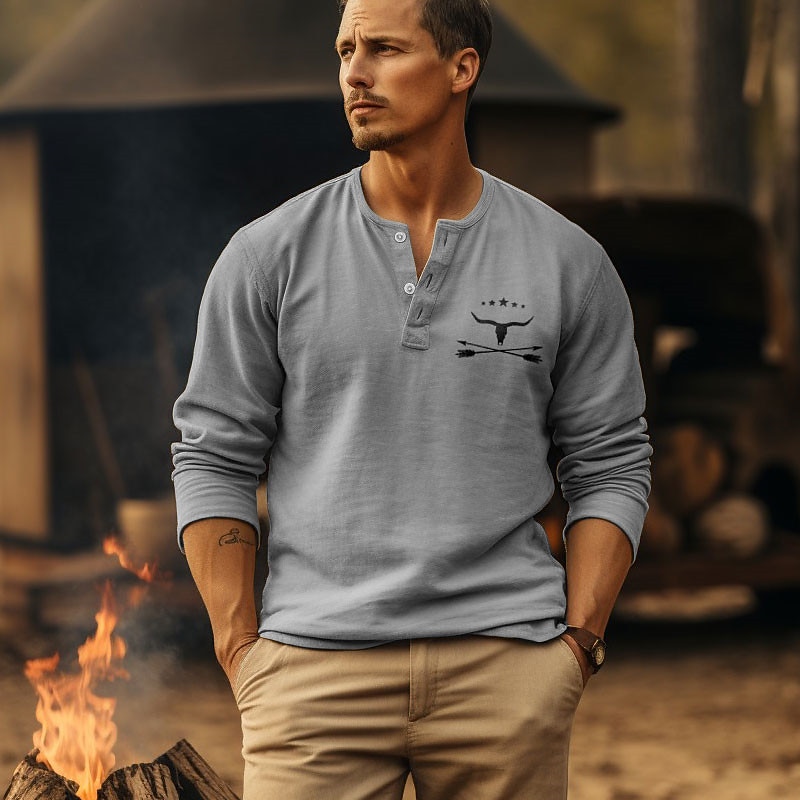 Men's Graphic Camping Cowboy Henley Shirt Long Sleeve 3D Print Daily Casual Vintage Retro Sports Outdoor Casual Going out Spring &  Fall Black Navy Blue Brown Army Green Gray Henley Henley T-Shirt2