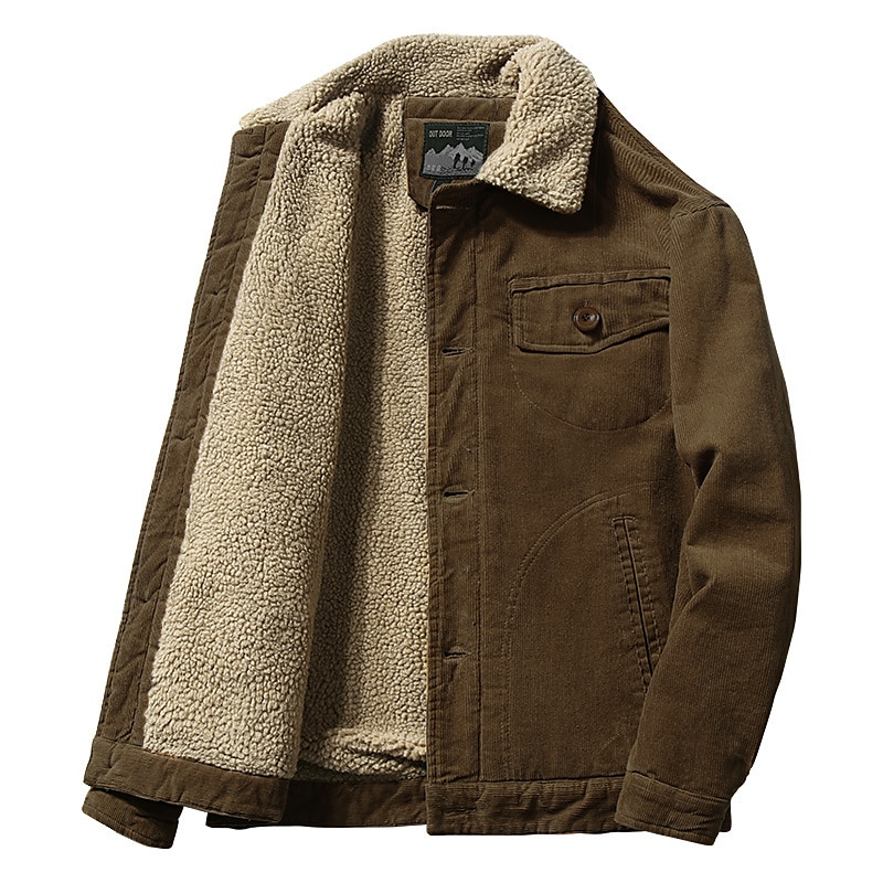 Men's Winter Jacket Corduroy Jacket Winter Coat Sherpa Dailywear Casual Windproof Warm Classic Style Fall Winter Solid Color Vintage Retro Regular khaki Army Green Coffee Grey Jacket2