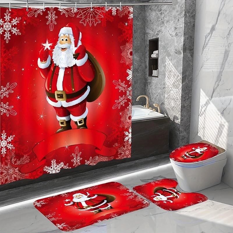 Bathroom Red Santa Claus Shower Curtain, Christmas Holiday Winter Bathroom Decor Toilet Lid Mat, Non-Slip Bathroom Rug, Toilet U-Shape Mat, Toilet Lid Cover Pad, With 12 Hooks, Christmas Decorations