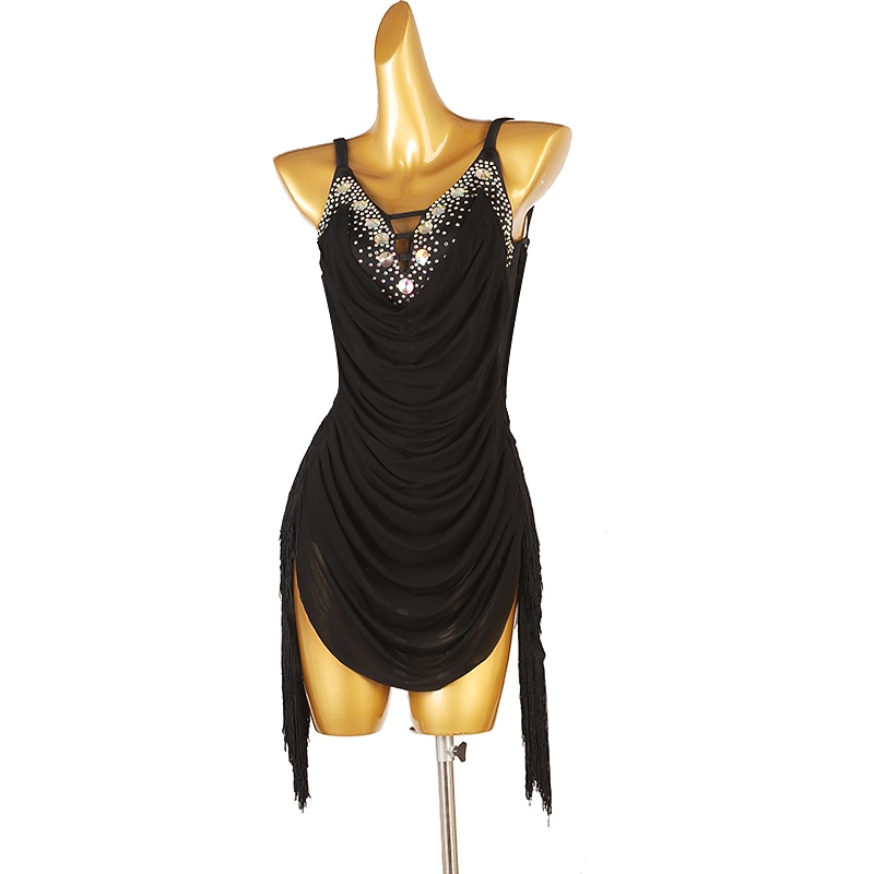 Dance Salsa Latin Dance Dress Tassel Pure Color Splicing Women's Performance Party Sleeveless Chinlon Mesh Spandex4