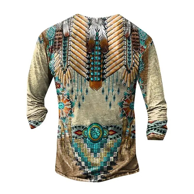 Men's Graphic Tribal Henley Shirt Long Sleeve 3D Print Fashion Daily Ethnic Casual Holiday Going out Spring &  Fall Khaki Henley Henley T-Shirt2