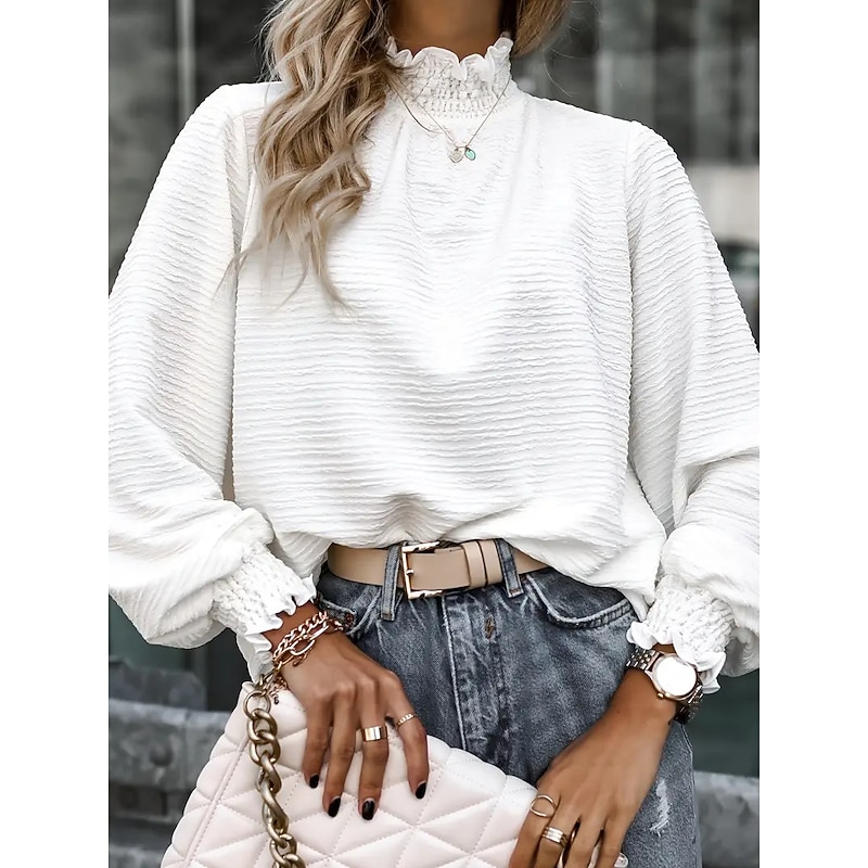 Shirt Blouse Women's Black White Pink Solid / Plain Color Puff Sleeve Daily Fashion High Neck Regular Fit S