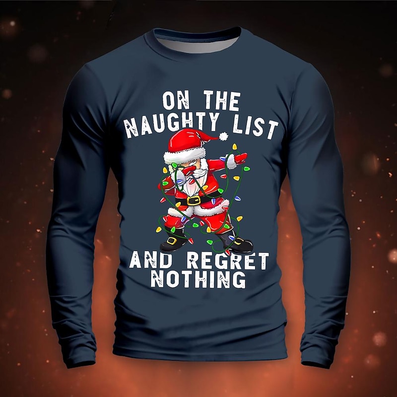 Christmas Men's Santa Claus Text Character & Slogan T Shirt Funny T Shirts Long Sleeve T shirt 3D Print Crew Neck Shirt Daily Outdoor Casual Party Casual Holiday Black Blue Green Spring &  Fall3
