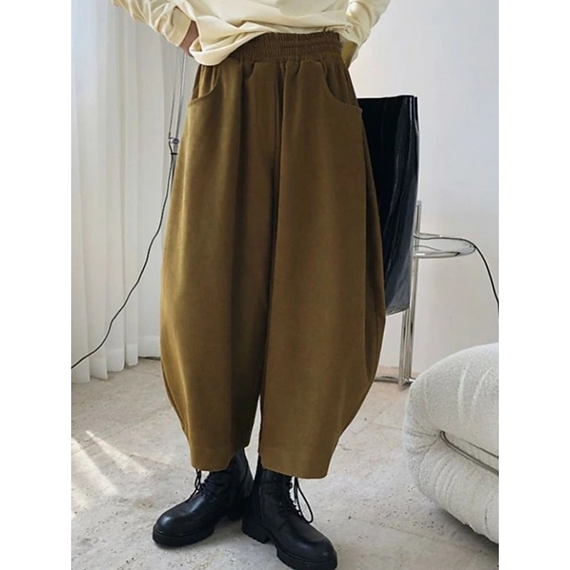 Women's Bloomers Cropped Pants Harem Pants Vacation Vintage Fashion Ankle-Length High Waist Solid Color Pocket Elastic Waist Breathable Comfortable Micro-elastic Outdoor Street Daily dark brown Black2
