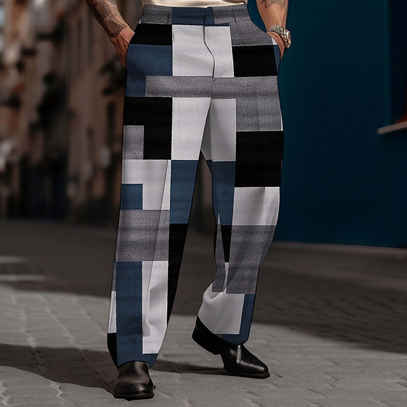 Plaid Geometry Business Casual Men's 3D Print Pants Trousers Outdoor Street Wear to work Polyester Wine Blue Brown S M L High Elasticity Pants3