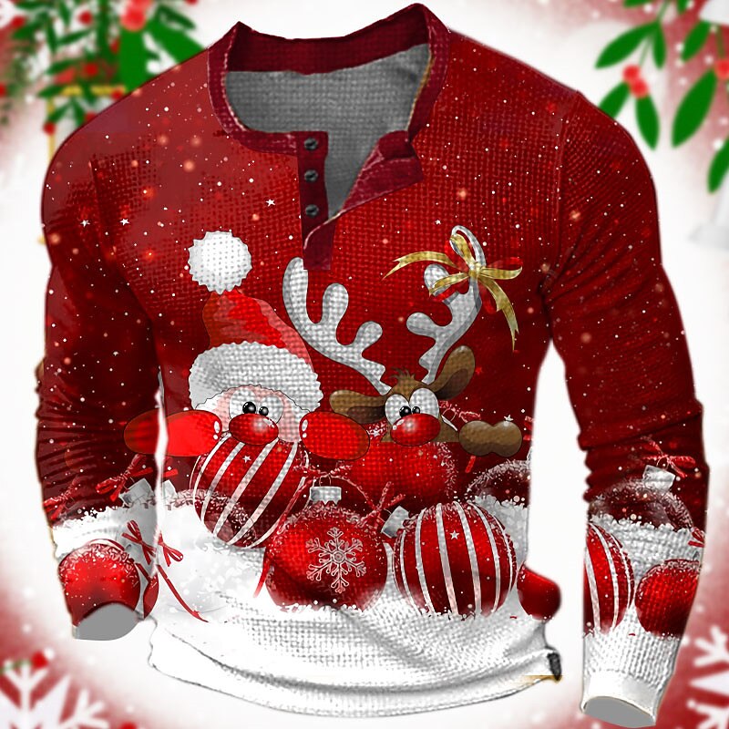 Christmas Men's Santa Claus Henley T Shirt Graphic Santa Claus Bells Fashion Designer Casual 3D Print Henley Waffle Sports Outdoor Holiday Festival Red Burgundy Long Sleeve Henley Spring &  Fall