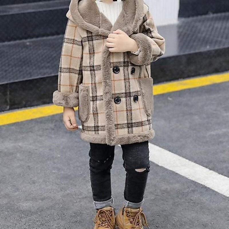 Kids Boys Trench Coat Outerwear Plaid Long Sleeve Coat School Cool Daily Blue Khaki Winter 7-13 Years4