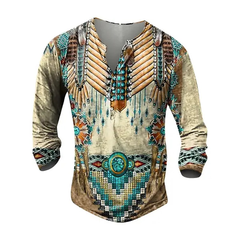 Men's Graphic Tribal Henley Shirt Long Sleeve 3D Print Fashion Daily Ethnic Casual Holiday Going out Spring &  Fall Khaki Henley Henley T-Shirt