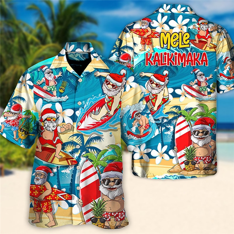 Christmas Men's Funny Christmas Printed Shirts Floral Santa Claus Hawaiian Casual Outdoor Street Fall Turndown Short Sleeve Blue S M L Shirt3